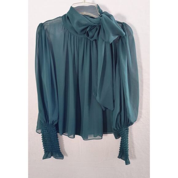 Ulla Johnson Lesli Silk Chiffon Blouse Women's Sz 6 Green Sheer Puff Sleeve Bow - Picture 14 of 14